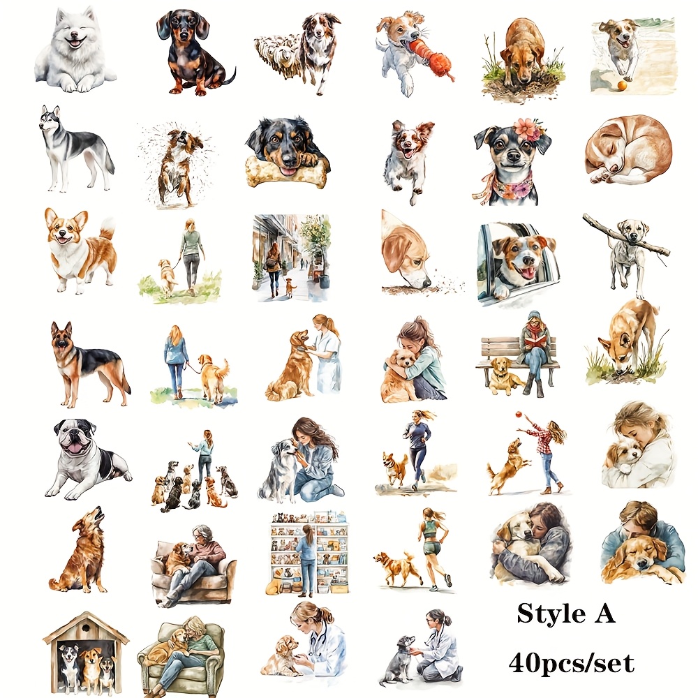 Image of 40pcs Set Vintage Dog And Owner High Quality Handmade Stickers For Diy Notebook, Album, Journal, And Magazine Decoration