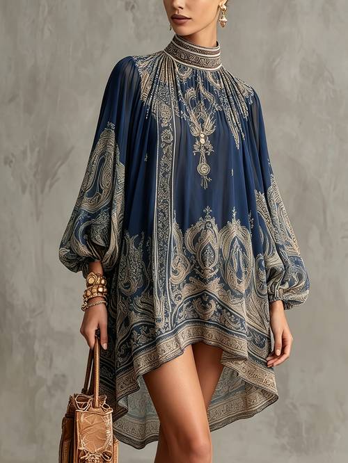 item picture navy baroque printed high neck irregular chiffon mini dress