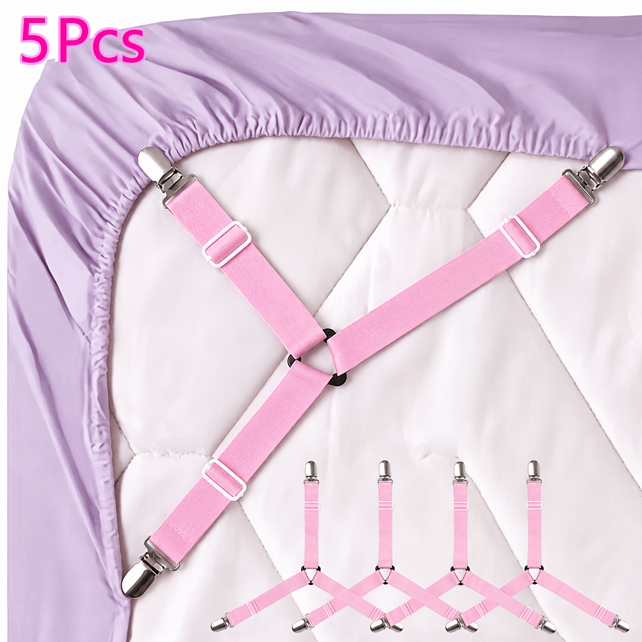 TEMU 5-pack Adjustable Elastic Sheet Straps With Clips - Non-slip, Easy-clean Nylon Fasteners For Securing Bedding And Sofa Cushions (pink And Black)