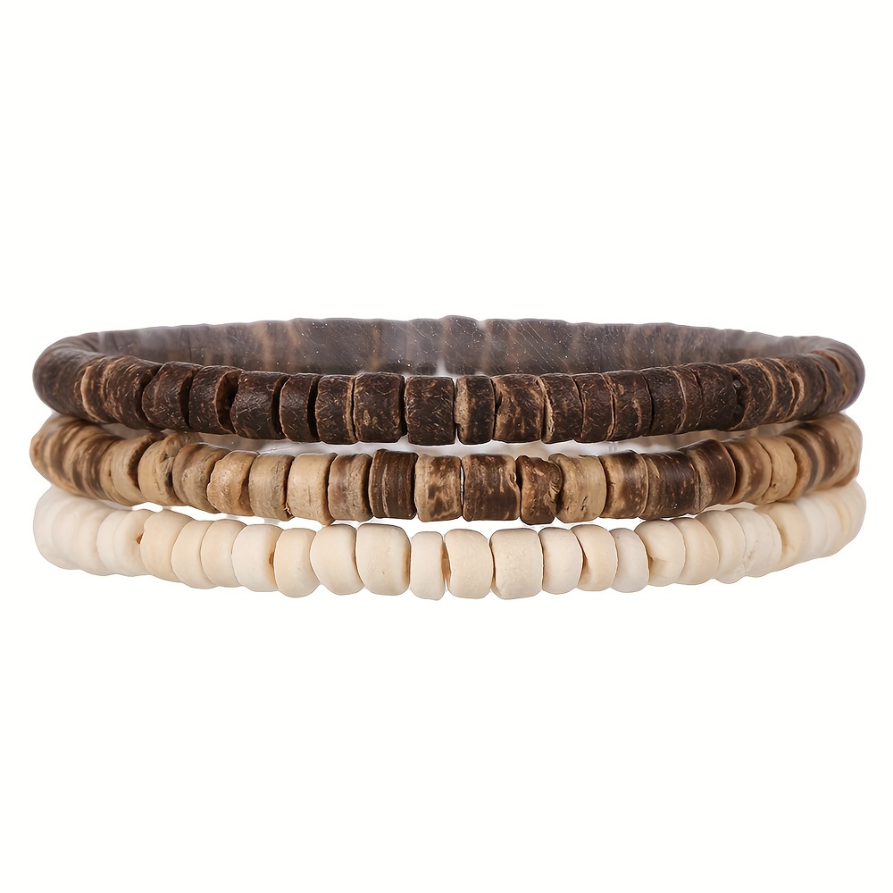 E-shop 3er-Set Herren Armbänder aus Kokosnussschale & Holzperlen - Mehrschichtig, Dehnbar, Vielseitiger Stil