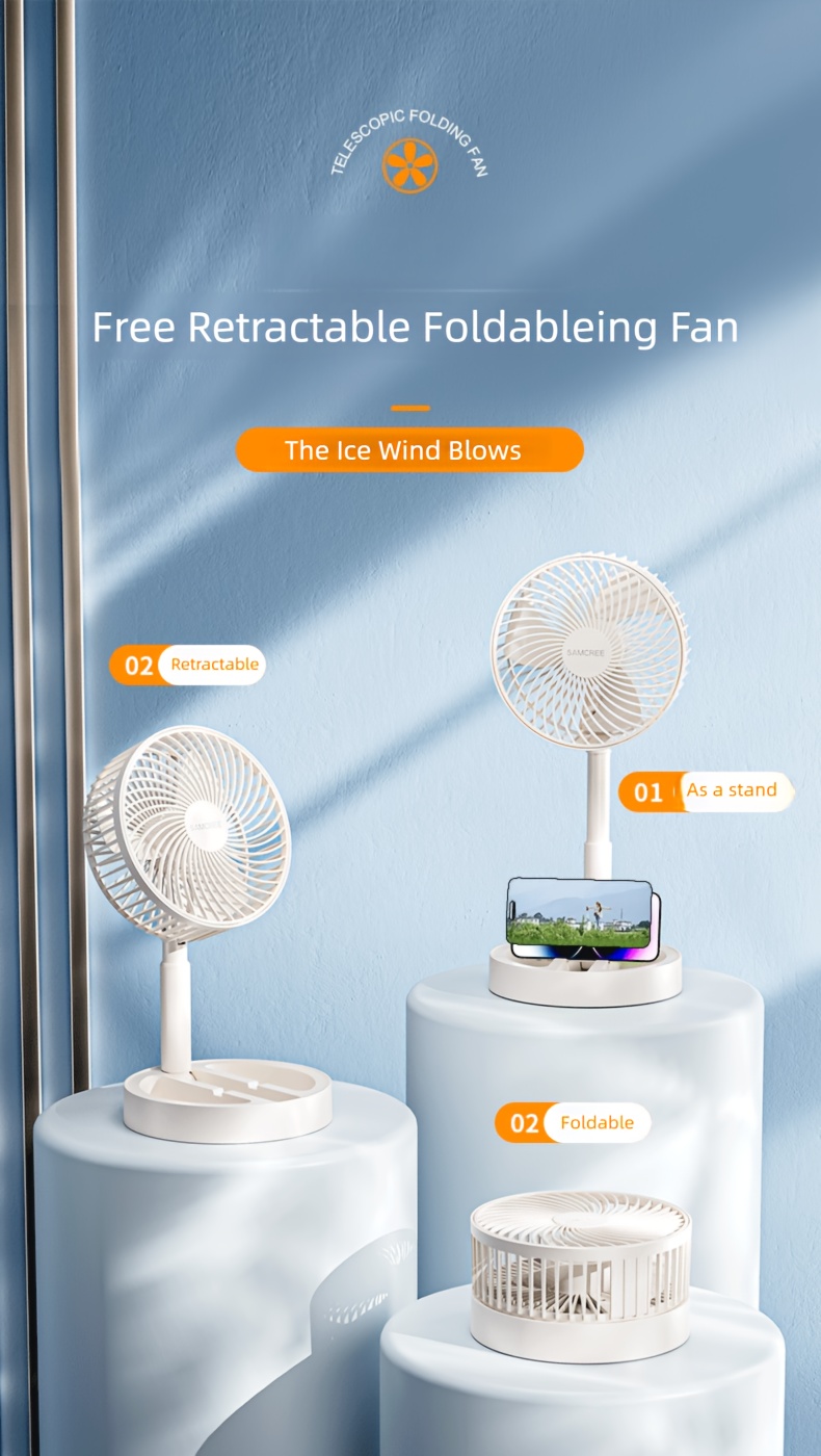 Compact USB-Powered Desktop Fan - Portable, Foldable, High Velocity Airflow, ABS Material, Dual-Level Adjustment, Touch Control, Indoor & Outdoor Use, White with Blue Accents, Fan for Desk
