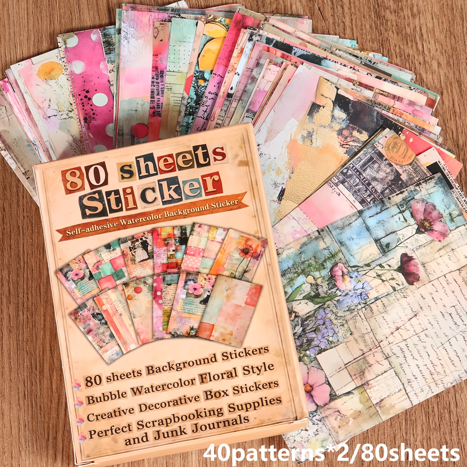 TEMU Jaiiman 2d Flat 80sheets (3. 5.51in) Large Vintage Watercolor Background Self-adhesive Scrapbook Stickers Box, Process, Decoration Decals, For