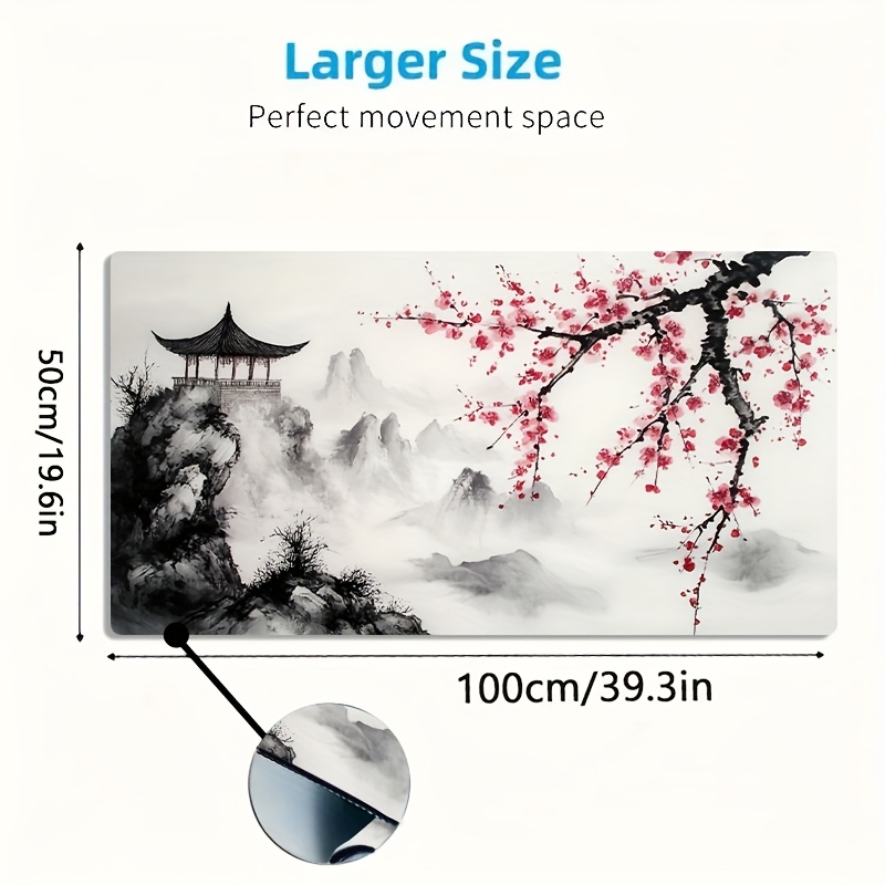 1pc Large Size Mouse Pad, Ink Wash Mountain And Ancient Landscape Pattern, Non-slip, Washable Rubber Bottom Large Size Desk Mat Office Desk Accessory