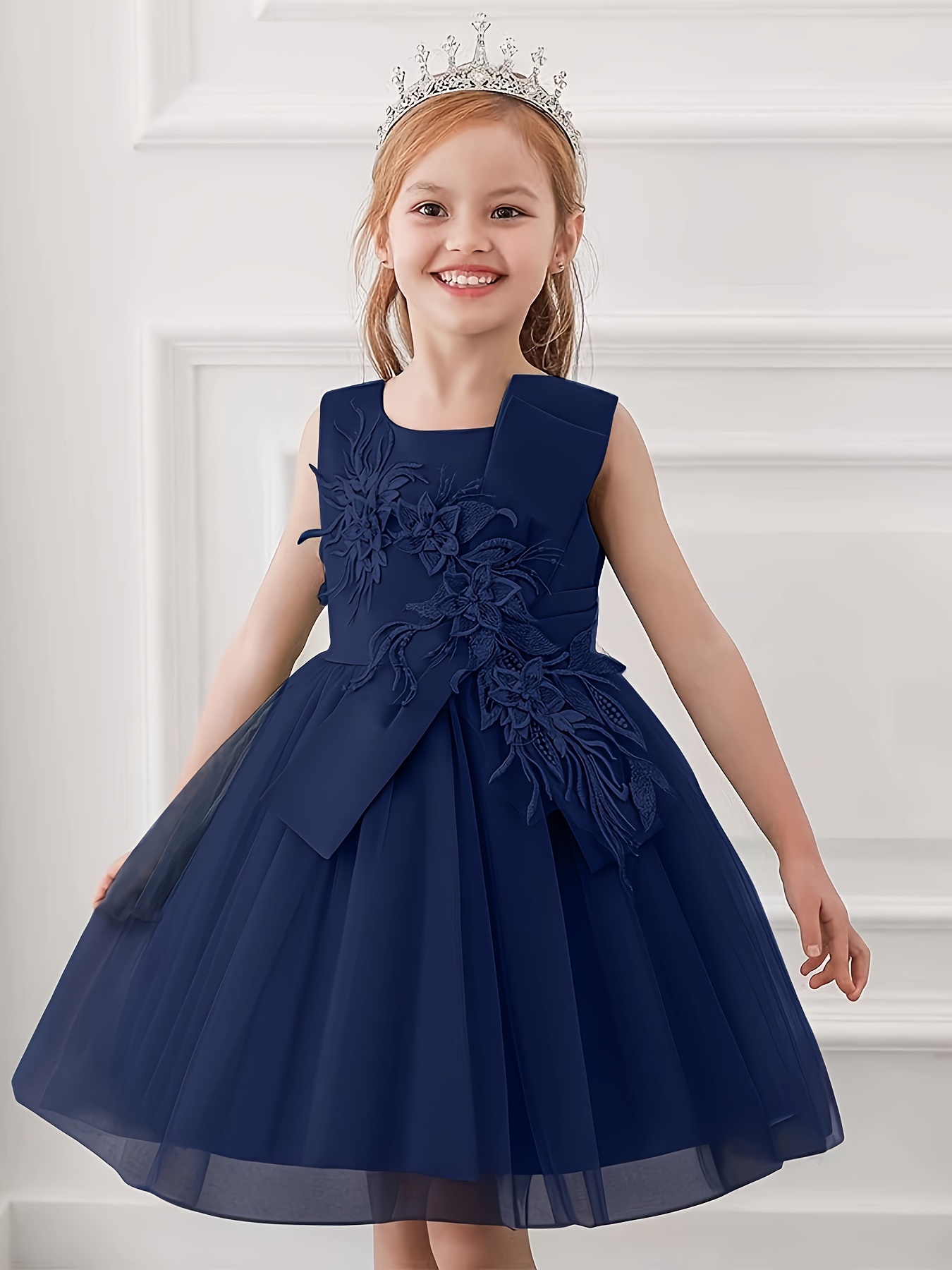 Girls Navy Blue Tulle Dress, Elegant Flower Applique Princess Wedding ...