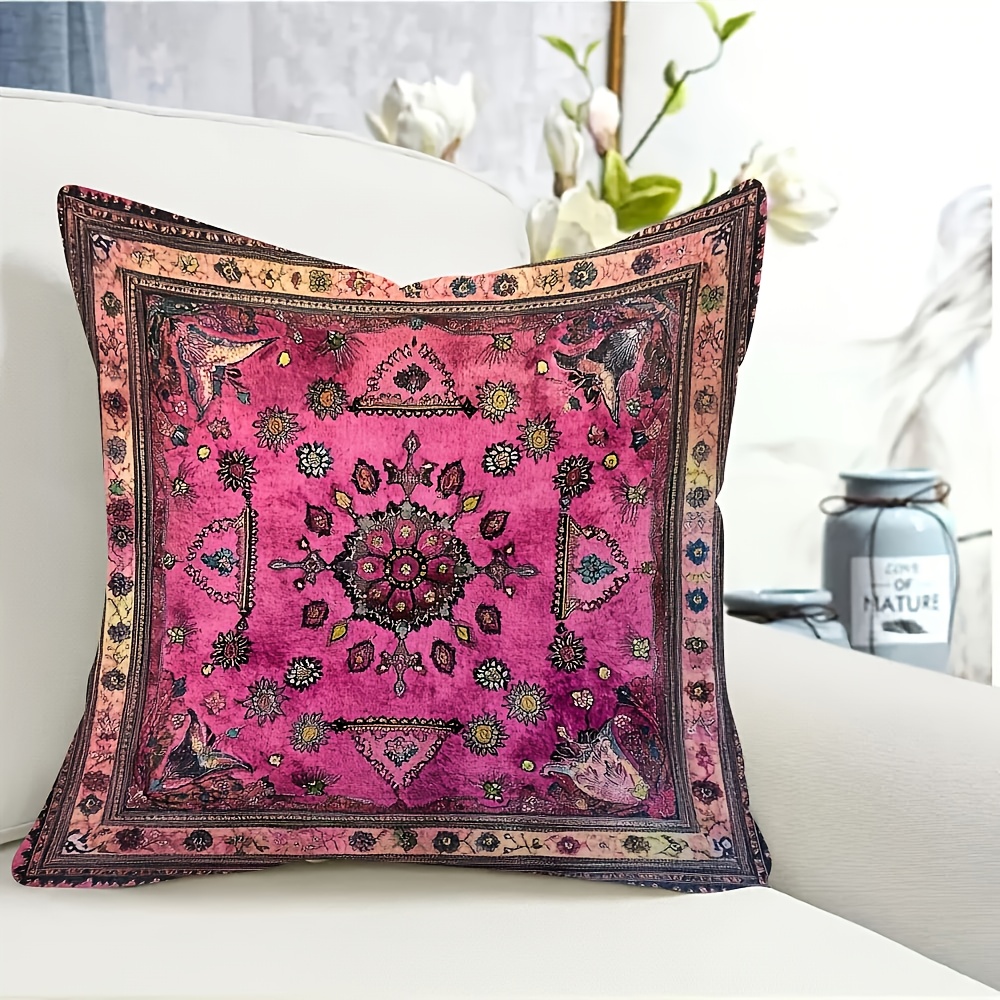 TEMU 1pc Traditional Pink Oriental Moroccan Style Pillowcase, Double-sided Printed, Soft Polyester Fabric, Rural Festival Style, Machine Washable,