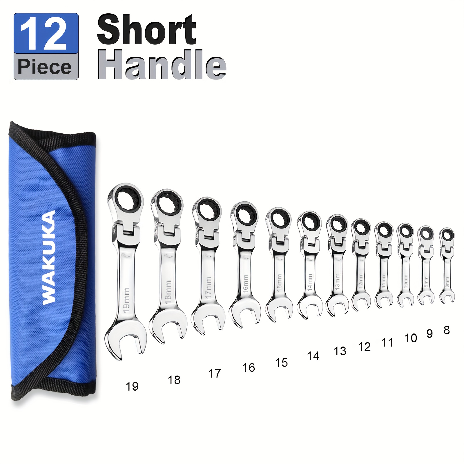 Image of 12pcs Short Flex-head Ratcheting Combination Wrench Set, Metric, 8-19 Mm, 72-teeth, With Rolling Up Pouch, For Car Automobile Motorcycle Bicycle Repair Mechanical Tool