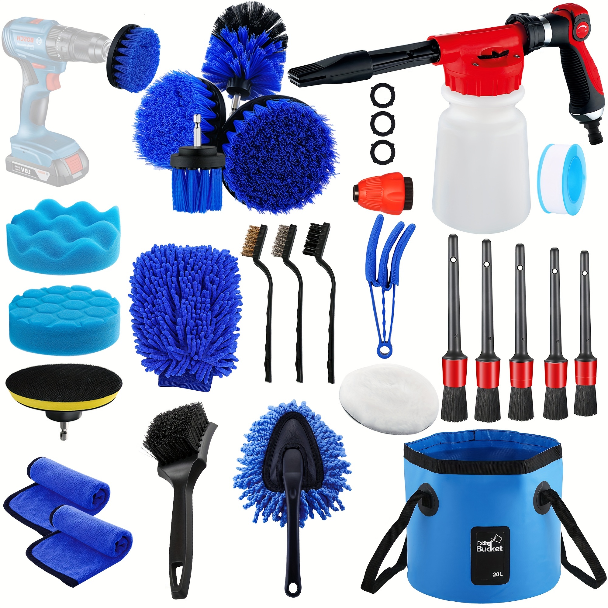 

Complete Car Wash And Detailing Kit With Pvc Drill Brush Attachments, Detailing Brushes, Foam , And Applicators - No Battery Required