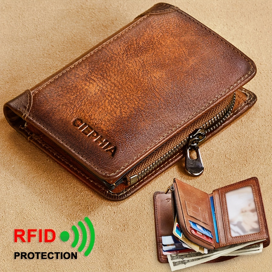 

Men's Vintage Short Genuine Leather Wallet Multi Function Purse Rfid Blocking Zipper Id Credit Card Holder Money Bag Father's Day Gift