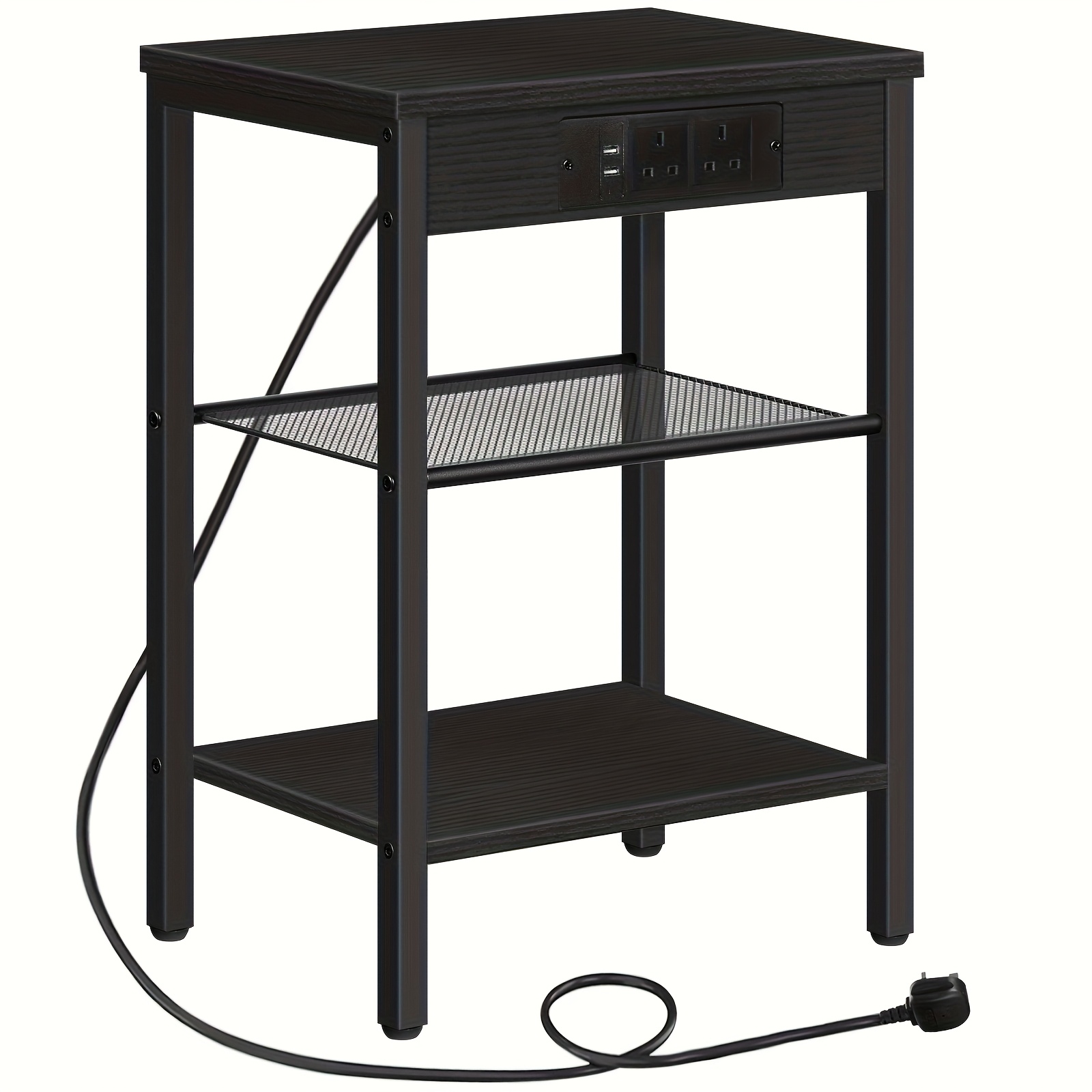 Brown Side Table with Charging Station and Adjustable Shelf