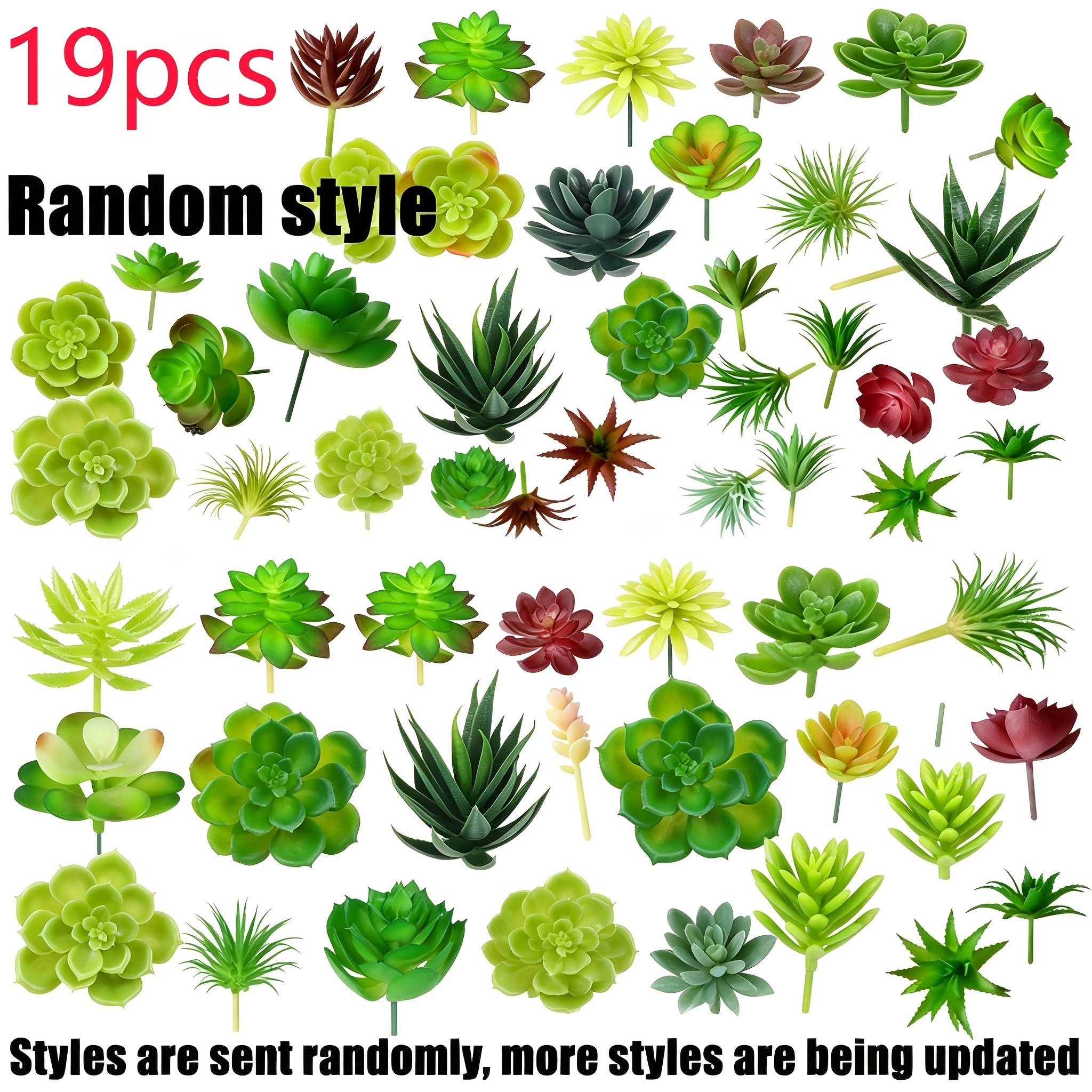 TEMU Série de succulentes de style aléatoire, 19 pièces, plantes artificielles réalistes, motif de feuilles vertes, pas de pot , convient pour la