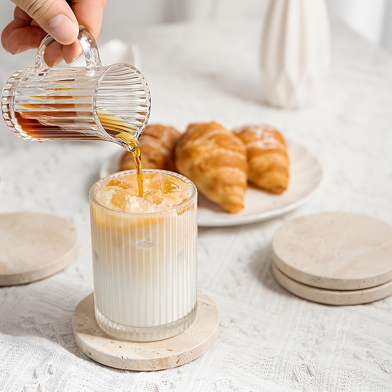 Set of 4 Natural Travertine Marble Coasters with Non-Slip Cork Backing - Round Stone Drink Coasters Suitable for Tables, Stain & Scratch Resistant, Elegant Natural Stone Table Protectors, Housewarming Wedding Gift, Durable & Aesthetic