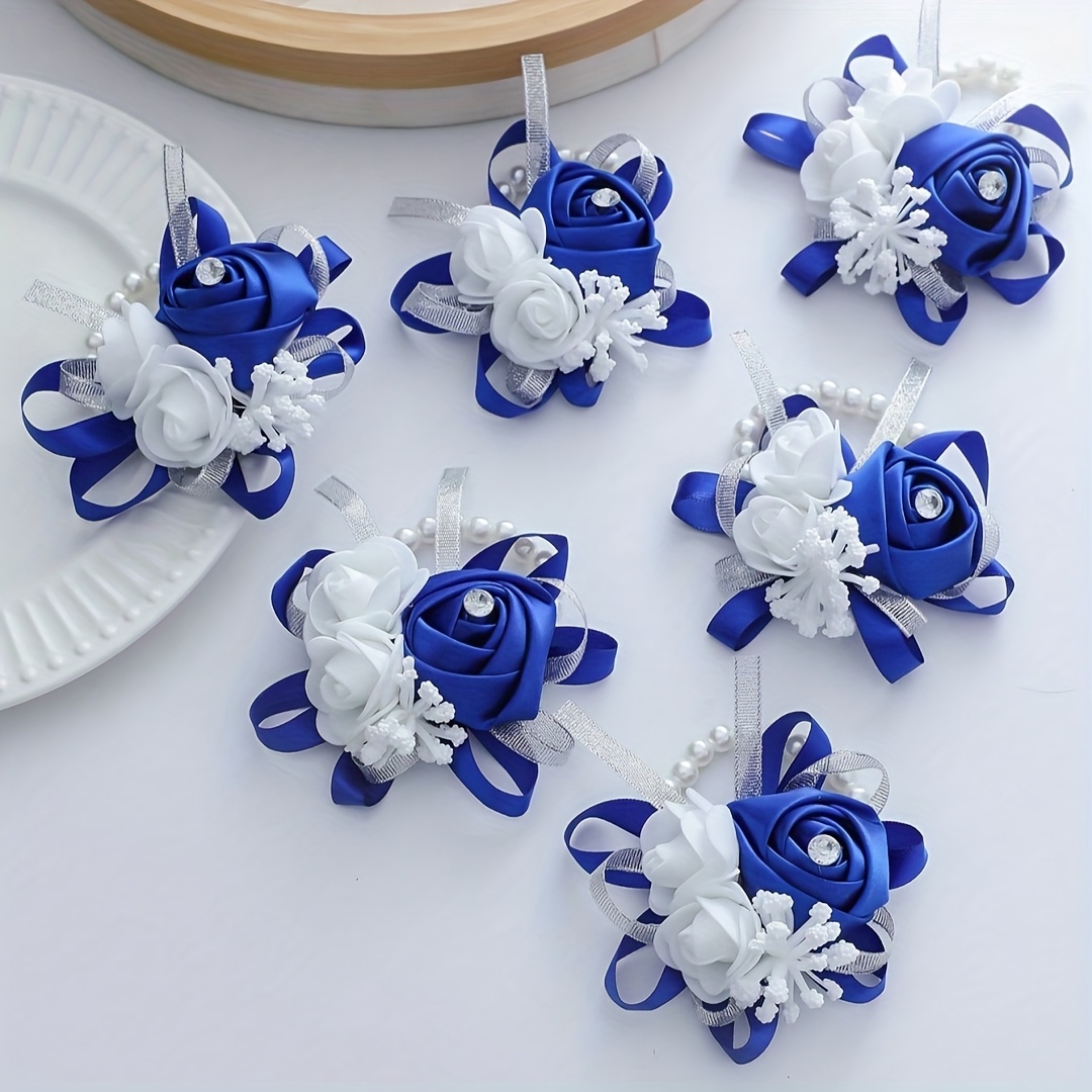 TEMU 6pcs Women's Wedding Wrist Corsages, Elegant Artificial Rose And Pearl Wrist Flowers, Perfect For Bride And Bridesmaids' Wedding, Mother Grandma