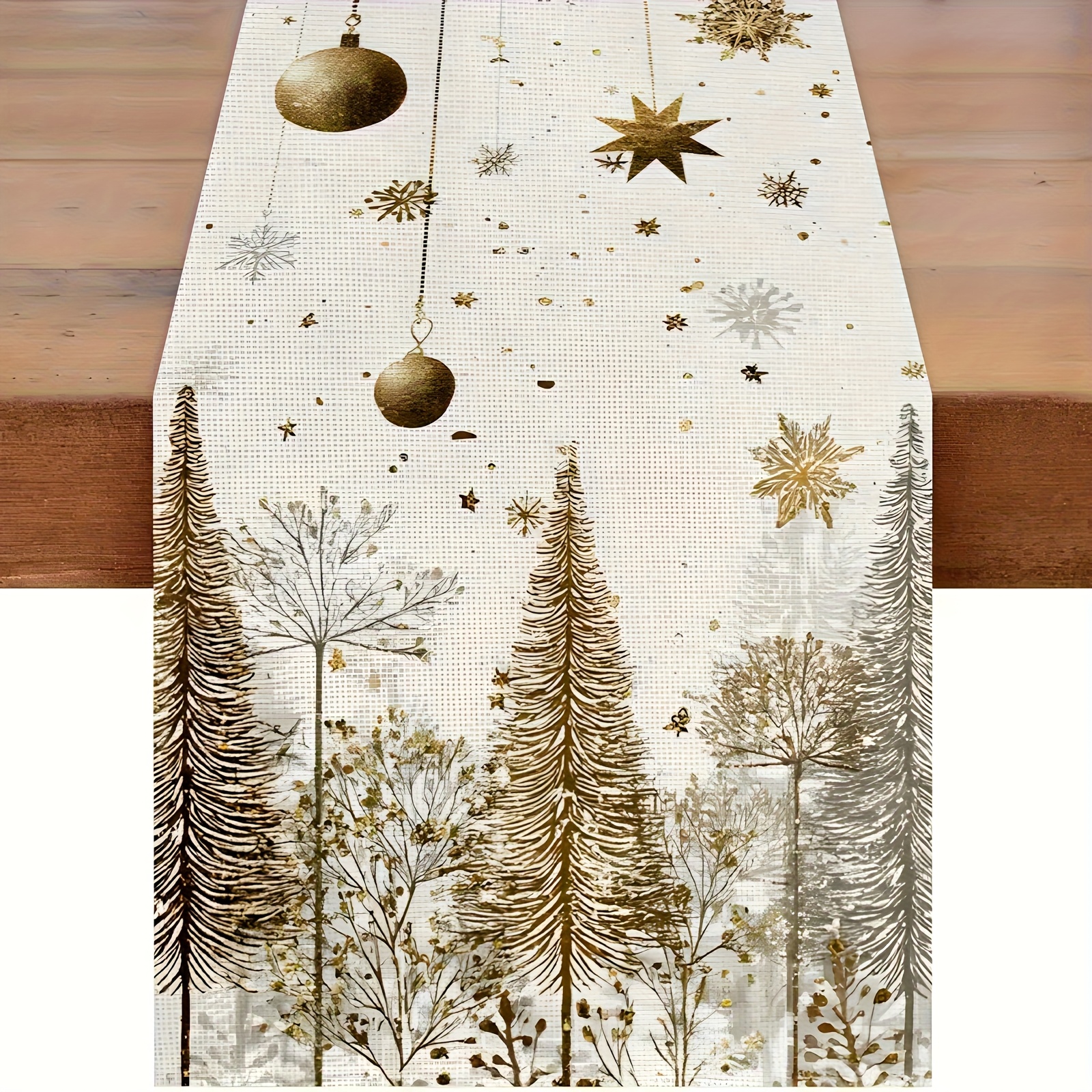 TEMU 1pc Elegant Golden & White Winter Table Runner - Simple Holiday Tablecloth With Pine Trees, Stars, And Snowflakes - Elegant Table Decoration,