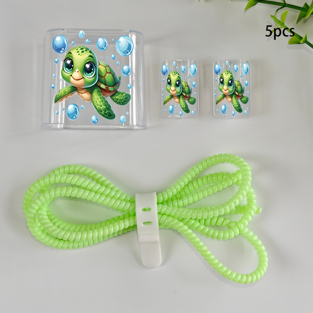 TEMU 5pcs Cute Sea Turtle With Bubbles Charger Protector Set, Kawaii Ocean Turtle Design For Iphone 17 16 15 14 13 12 11 Pro Max, 20w 18w Usb-c Fast