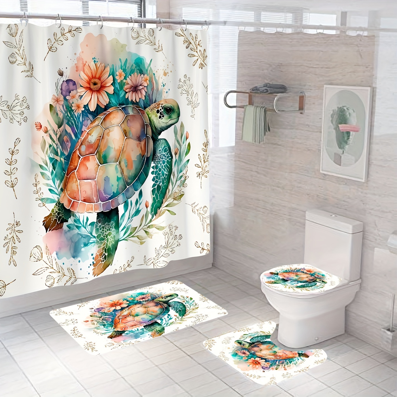 

Sea Turtle Bathroom Set - 4 Pieces Including Shower Curtain, Non-slip Rug, Toilet Lid Cover & U-shaped Mat - Machine Washable, Waterproof Polyester