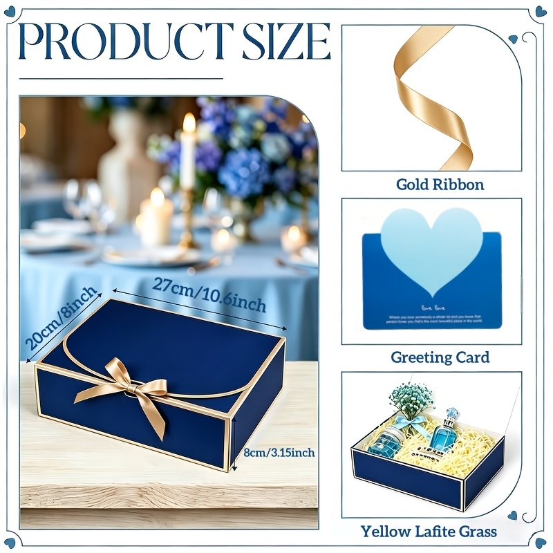 TEMU Gift For Her/him 12pcs Gift Box Set Includes 3 Blue And Golden Folding Gift Boxes + 3 Ribbons + 3 Raffia Straw Bundles + 3 Greeting Cards. Diy