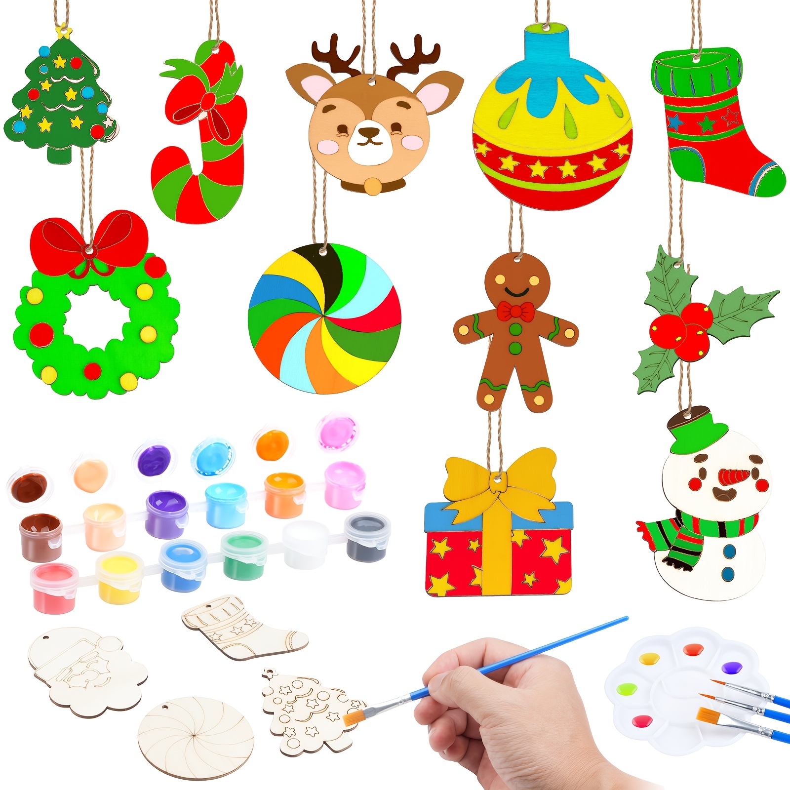 

79pcs Unfinished Wooden Christmas Ornaments Craft Kits - 12 Styles Blank Wood Slices Paint Brushes Palette Pigment Ropes, Diy Christmas Craft For Tree Hanging Decorations