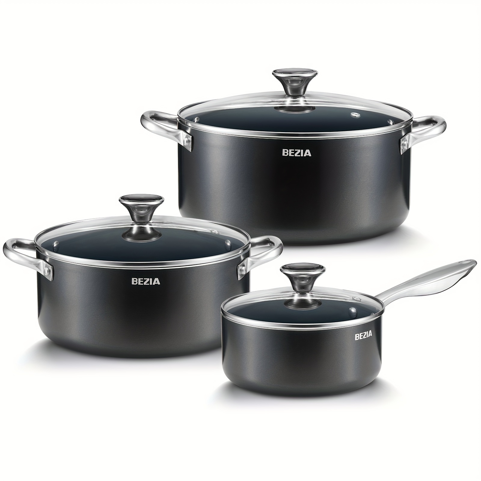 

Induction Cookware Set 6-piece, Pots And Pans Set With Non-stick Ceramic Coating, Stainless Steel Handles & Lids, Dishwasher Safe & Oven Safe, Compatible With All Stoves, Black