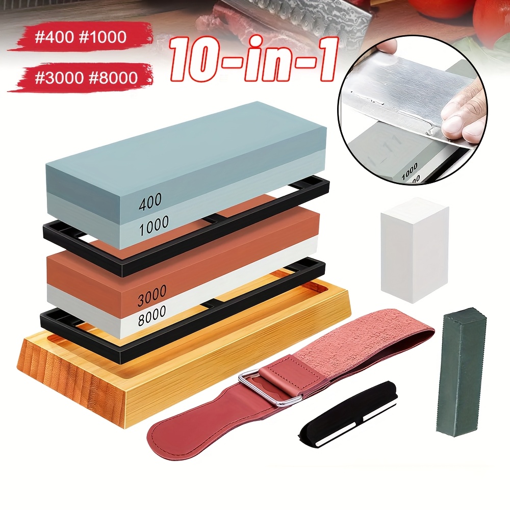 Image of Warehouse1 Set 10-in-1 Set With 2 Sides, 400/1000, 3000/8000 Grit, For Sharpening Knives, Includes Bamboo Base With Non-slip Surface