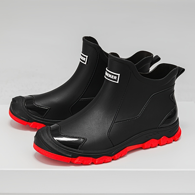high quality mens slip on rain boots   rubber water shoes with red sole comfortable eva insole   wear for outdoor activities high   suitable for women