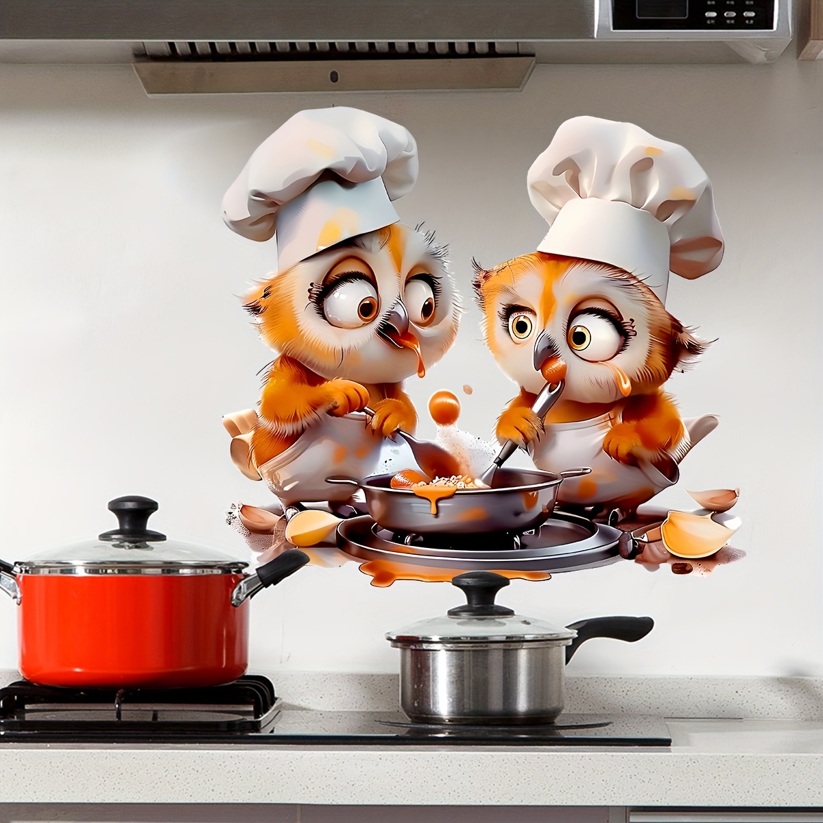 Realistic Owl Couple Chef Sticker Wallpaper Removable Wall Sticker Restaurant Decorative Wall Art