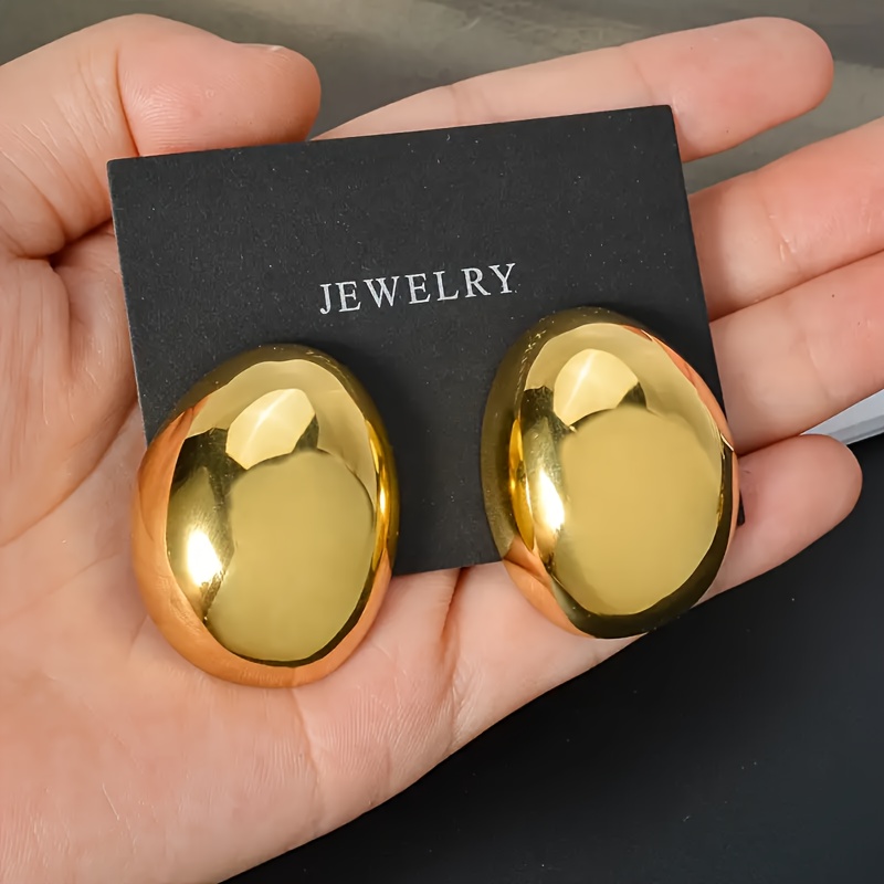 TEMU 1 Pair Of Women's Classic Minimalist Stainless Steel Egg-shaped Geometric Stud Earrings, Smooth Polished Curved Latin-style Stackable Large Hoop