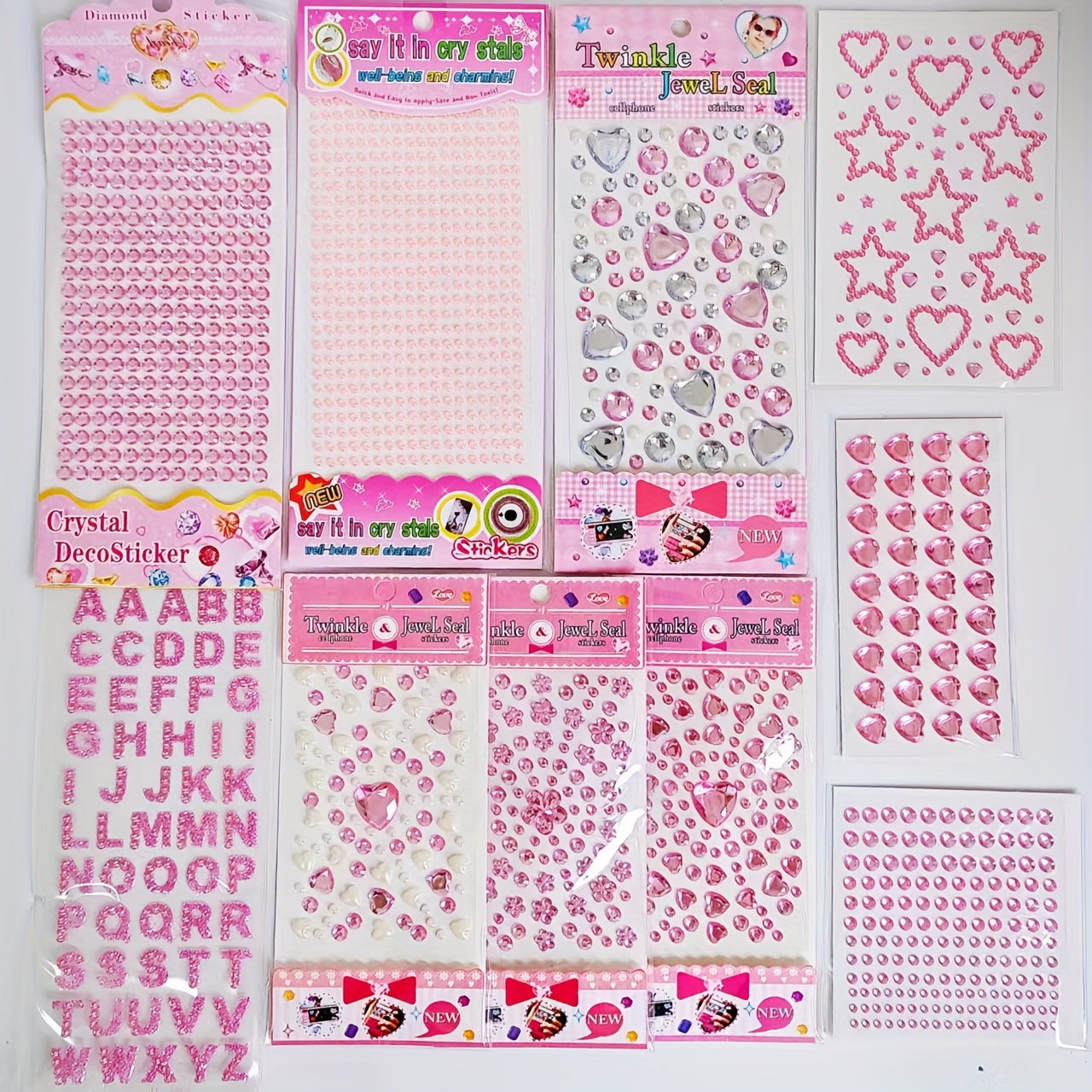 TEMU 10 Sheets Of Pink Diamond Stickers With Rhinestone Patterns, Featuring Hearts, Stars, Flowers, Letters, Circles, And Pearls. Sweet And Cute