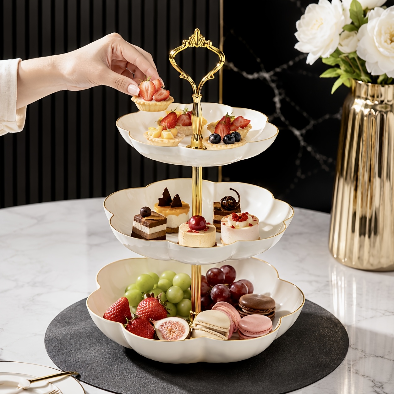 TEMU Elegant Gold-rimmed Plastic Cake Stand - Durable Floral Fashionable Dessert Display, Ideal For Decorative Service, Wedding Cake Decor, Birthday,