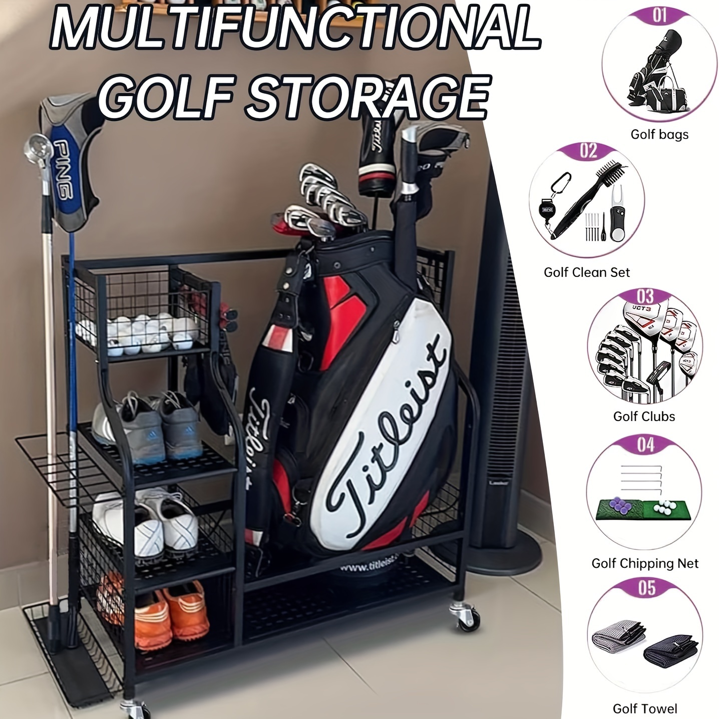 

Golf Bag Storage Organizer, Golf Organizer Fits 2 Golf Bags And Other Sports Equipment, Golf Accessories, Extra Large Size Golf Rack For Garage, Shed, Basement
