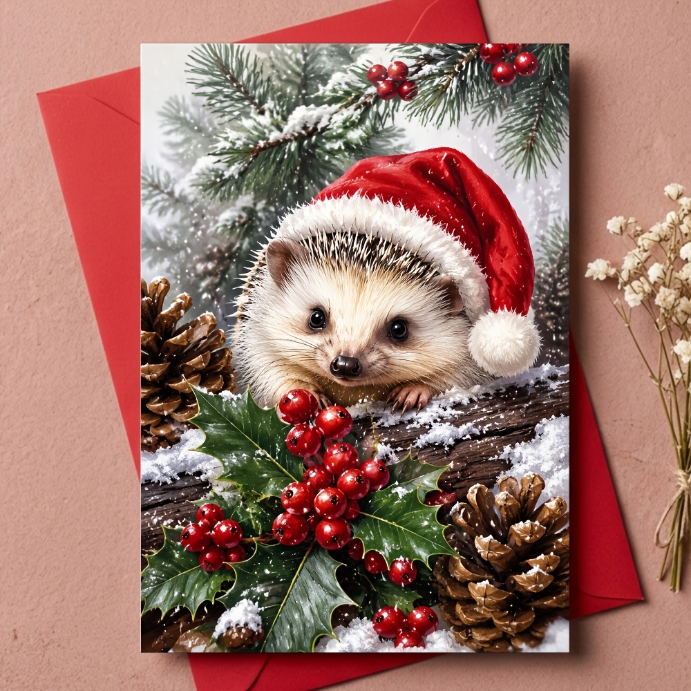 TEMU 1pc Greeting Card And 1pc Envelope. 2d Flat Cute Hedgehog Christmas Card, With Santa Hat, Pine Cones And Daisies, Suitable For Pet Owners, ,
