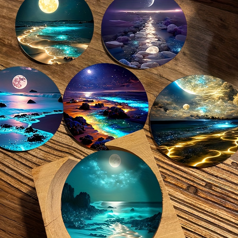 

6-pack Moonlit Beach Wooden Coasters Set - Heat Resistant, Non-slip, High-temperature Endurance Table Mats For Home, Office & Themed Party Decor, 3.9in Diameter