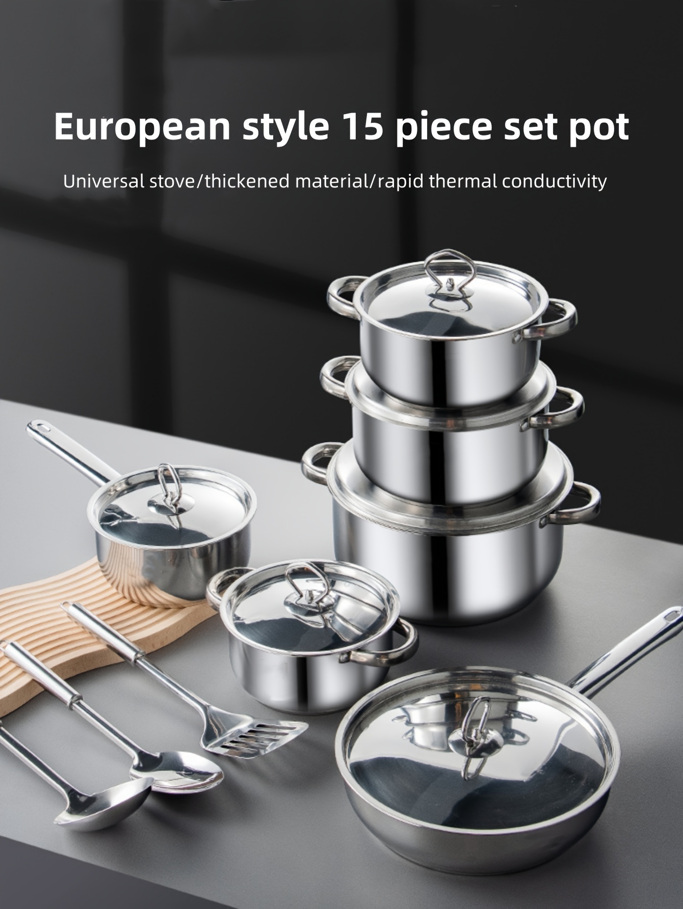 15pcs stainless steel cookware set   pots pans utensils for home and restaurant use details 0