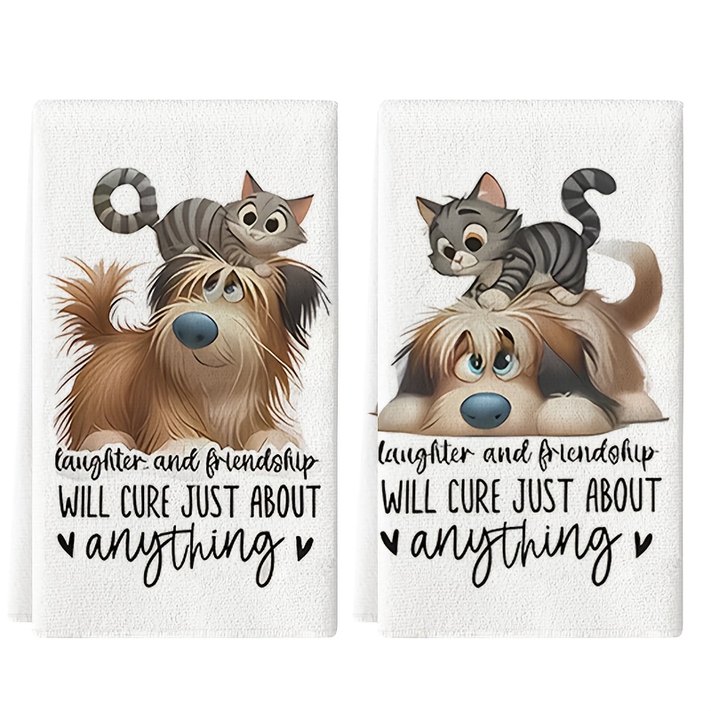 TEMU Cleaning Cloth 2pcs Kitchen Towel, Cute Cat And Dog Kitchen Towel, 40*60cm, Polyester Tea Towel, Dish Towel Birthday Gift, Kitchen Bathroom