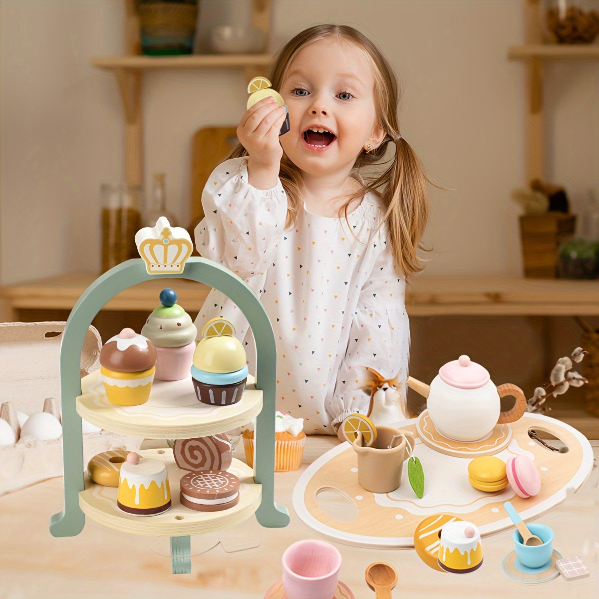 Deluxe Wooden Tea Party Playset For Kids - Includes Cake Stand, Tray ...