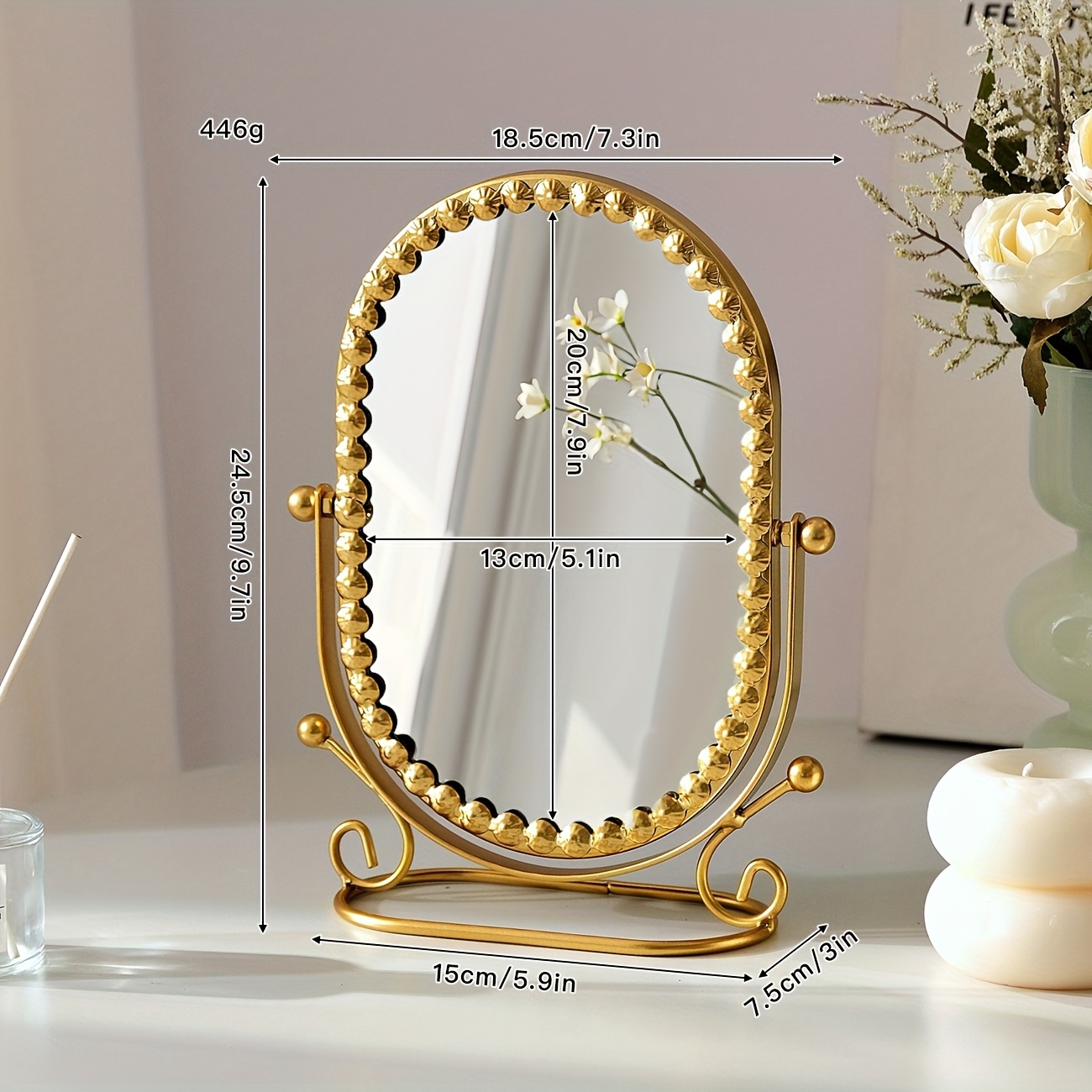 TEMU 1pc Personal Makeup Mirror, Oval Metal Frame With Lace Shell Design, 360° Rotatable, Light Luxury Vintage Style, For Vanity, Bathroom, Dorm,
