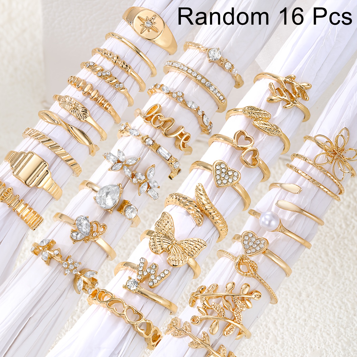TEMU 16pcs Elegant And Stylish Teardrop-shaped Rhinestone Flower And Ring Set, A Luxurious Love Ring Set For Women, Casual Attire, Celebrations,