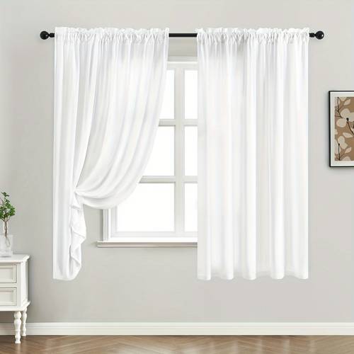 2pcs white privacy sheer curtains light filtering rod for bedroom living room decor