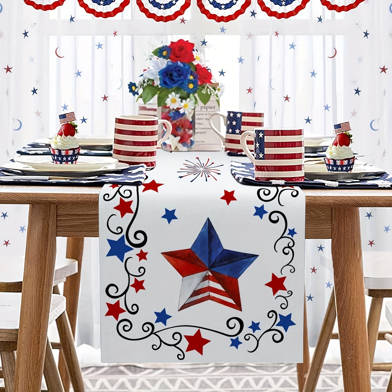 

1pc, Table Runner, Patriotic Independence Day Table Runner, Red And Blue Stars Pattern 4th Of July Table Runner For Home Kitchen Dining Decor, Party Decoration, Gift, Holiday Decoration