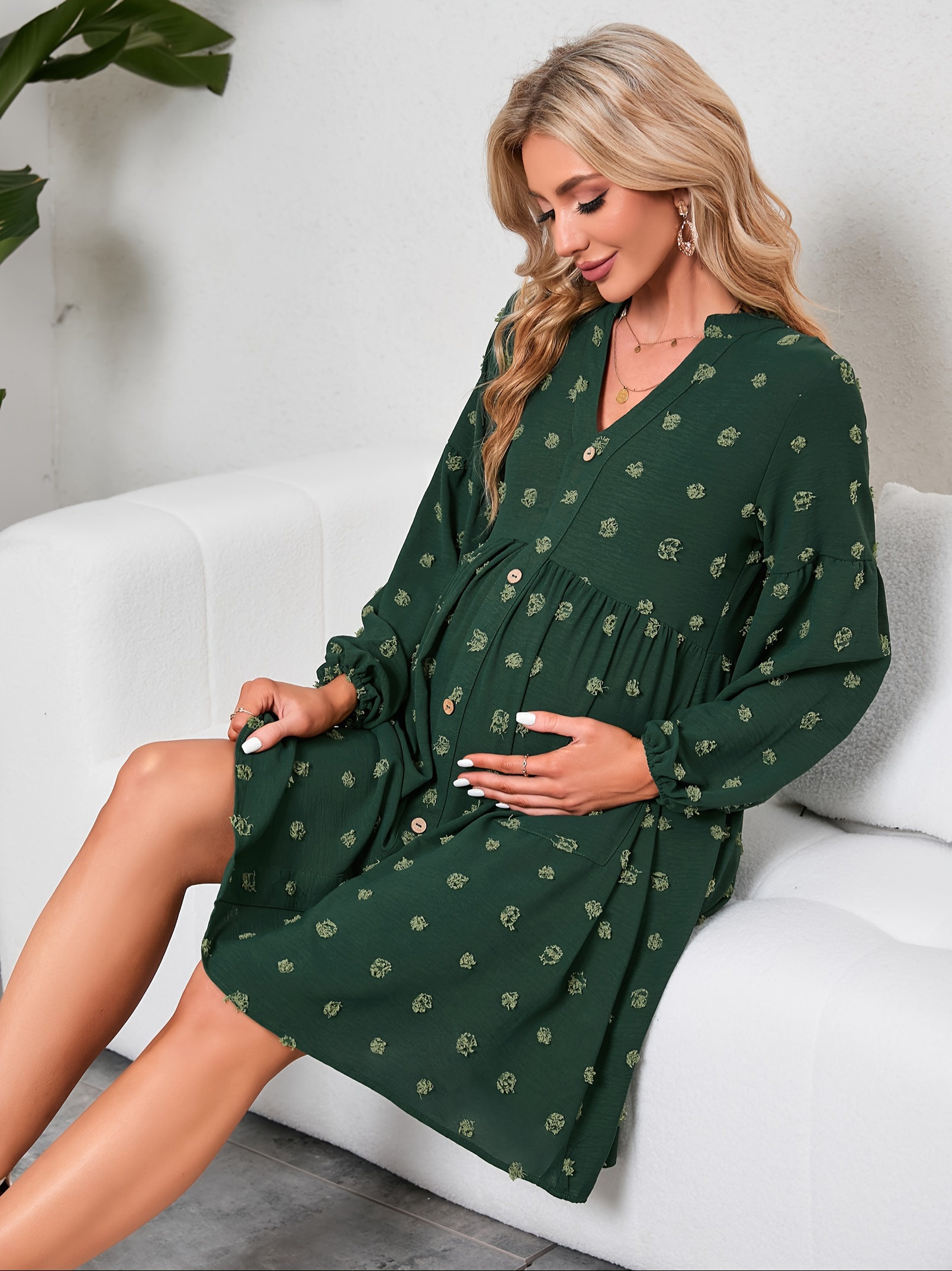 knee length dresses for ladies Long Sleeve Maternity Dress for Photo Shoot Ruffled Tulle V Neck Part 8 / N270 main image 1