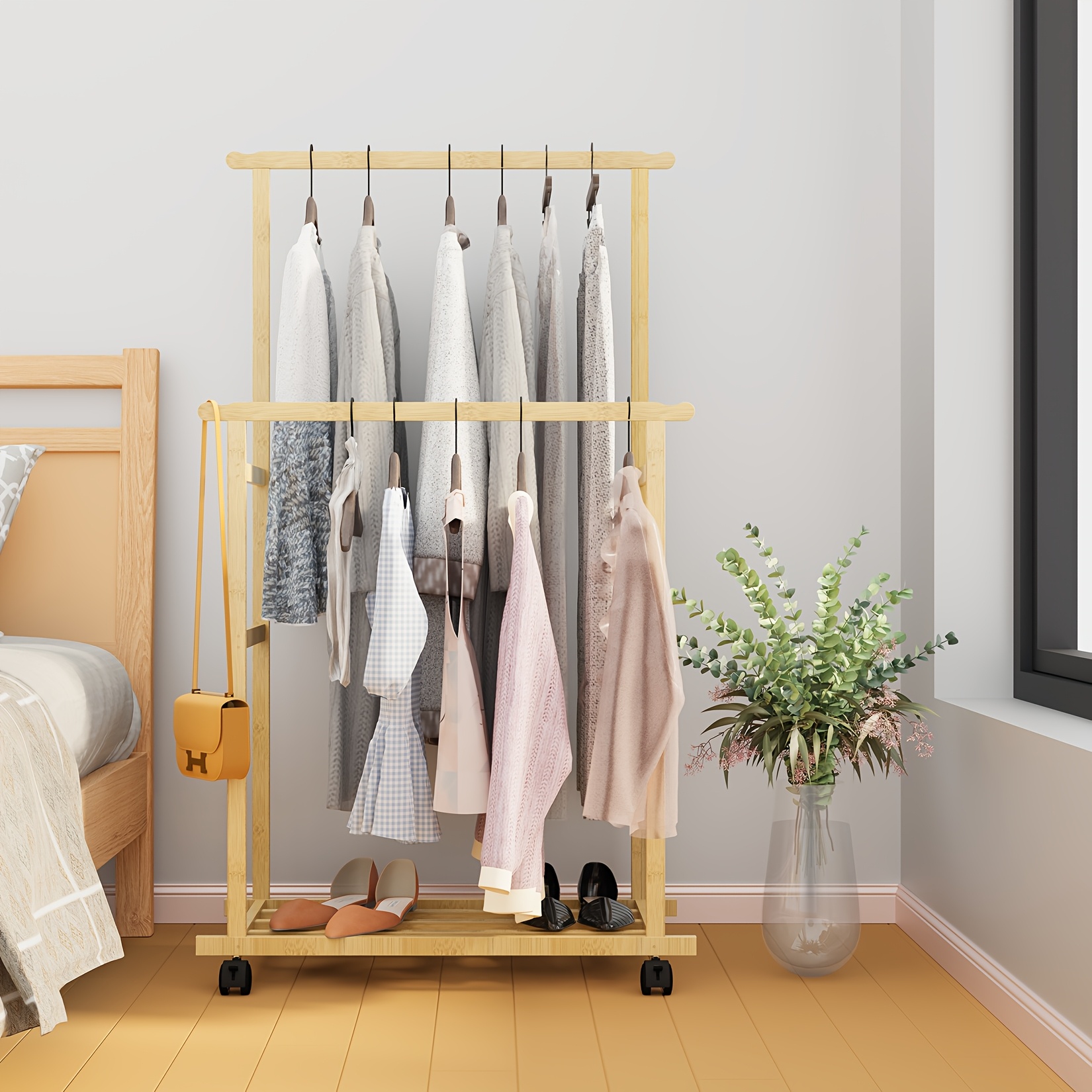 TEMU Freestanding Bamboo Clothes Rack With Wheels - Space- 27