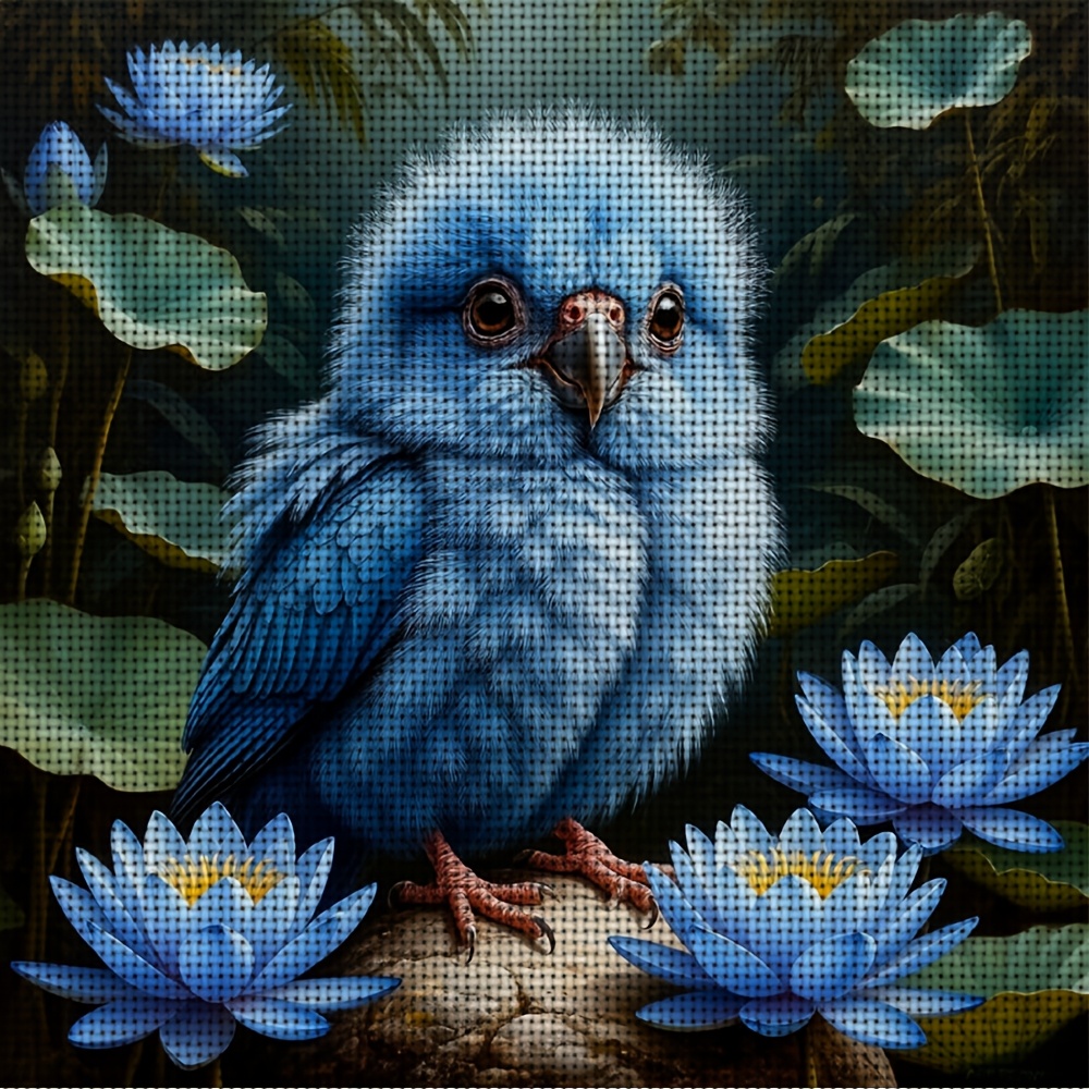 Frameless Cross-Stitch Printed Kit 'Bluebird Standing on Lotus Stone'