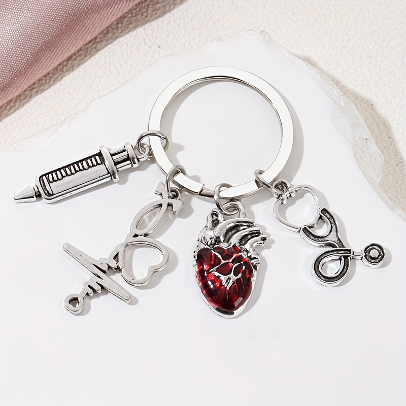 1pc Heart-shaped Syringe Stethoscope Alloy Keychain Style Car Bag Pendant Gift, Nxqxn