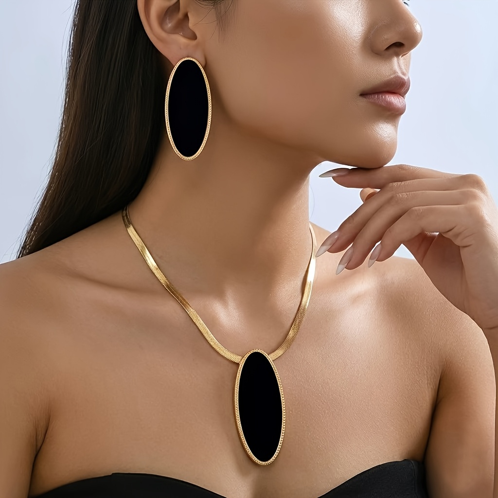 TEMU Ensemble de 3 pièces de bijoux tendance : collier avec breloque ovale géométrique noire de goutte d'huile, boucle d'oreille et chaîne avec