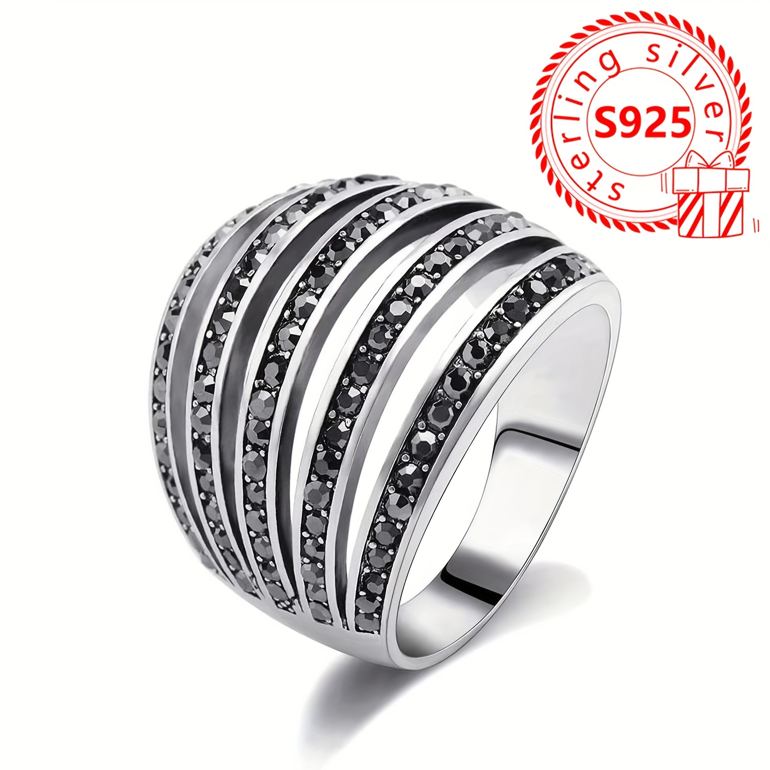 

6.2g S925 Silver Women' Black Ring, Set With Black Cubic Zirconia In An Style, Suitable For , Banquets, Parties, And Gifts