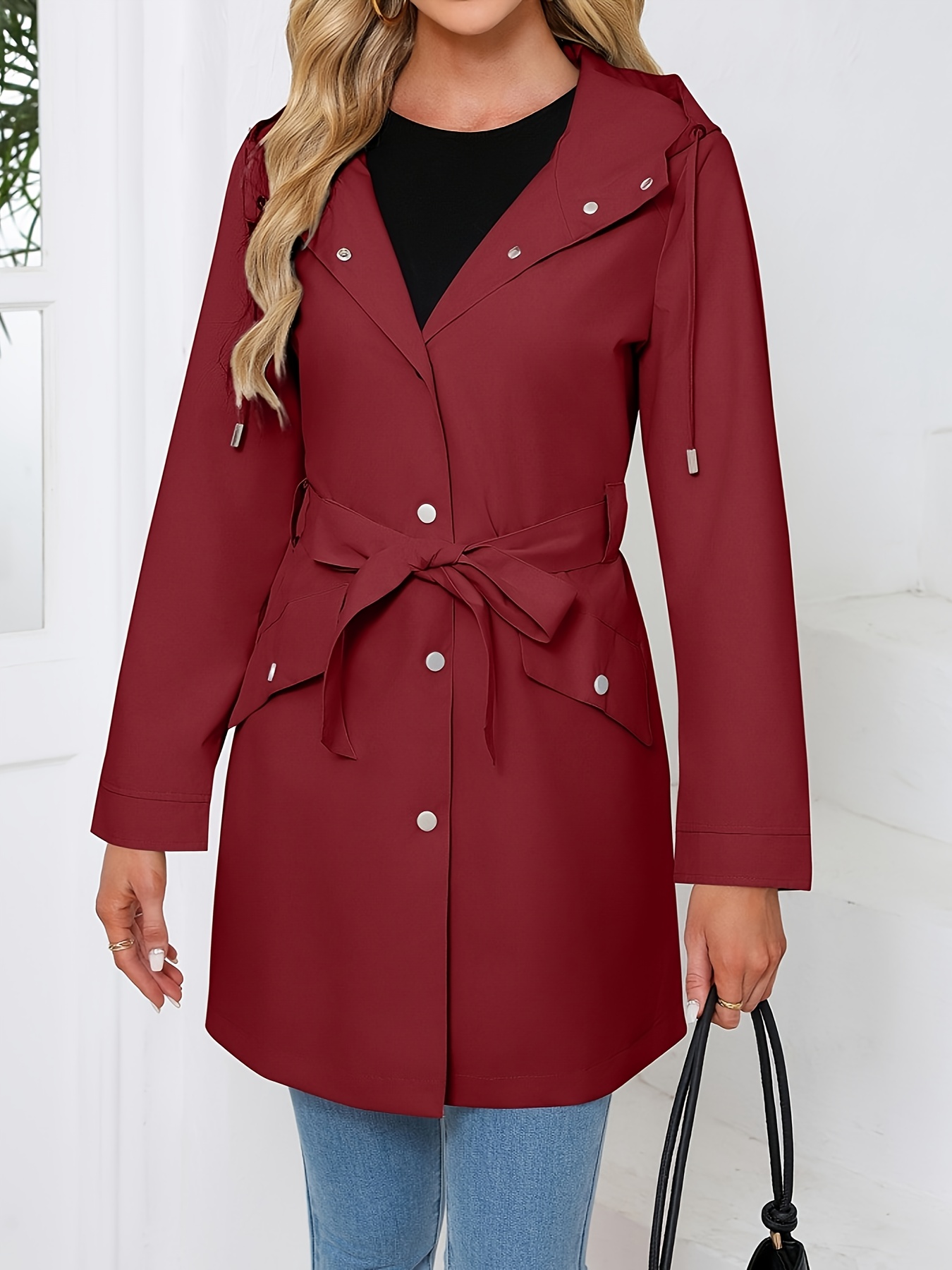 womens light pink hooded trench coat belt casual loose fit