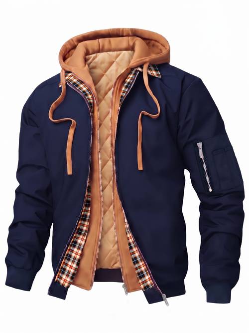 mens plaid hooded zip up jacket casual loose checkered pattern drawstring hood long sleeves lining perfect for winter autumn winter jacket plaid pattern jacket zippered jacket