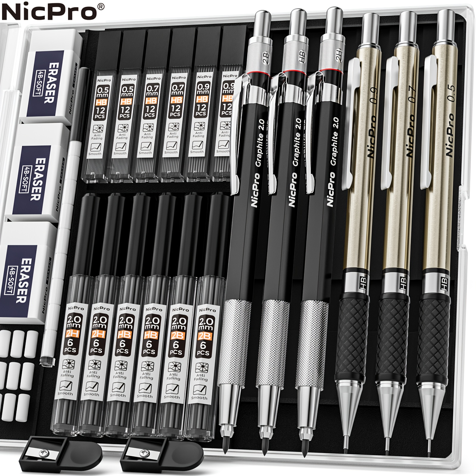 

Nicpro 6pcs Art Mechanical Pencil Set, 3pcs Metal Drafting Pencil 0.5 Mm & 0.7 Mm & 0. & 3pcs 2mm Graphite Lead Holder (2b Hb 2h) For , Sketching Drawing With Lead Refills Case