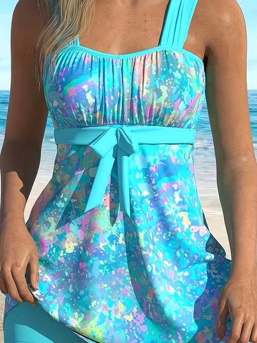 european and american print swimsuit womens split conservative belly cover straight angle two piece suit tangini suit
