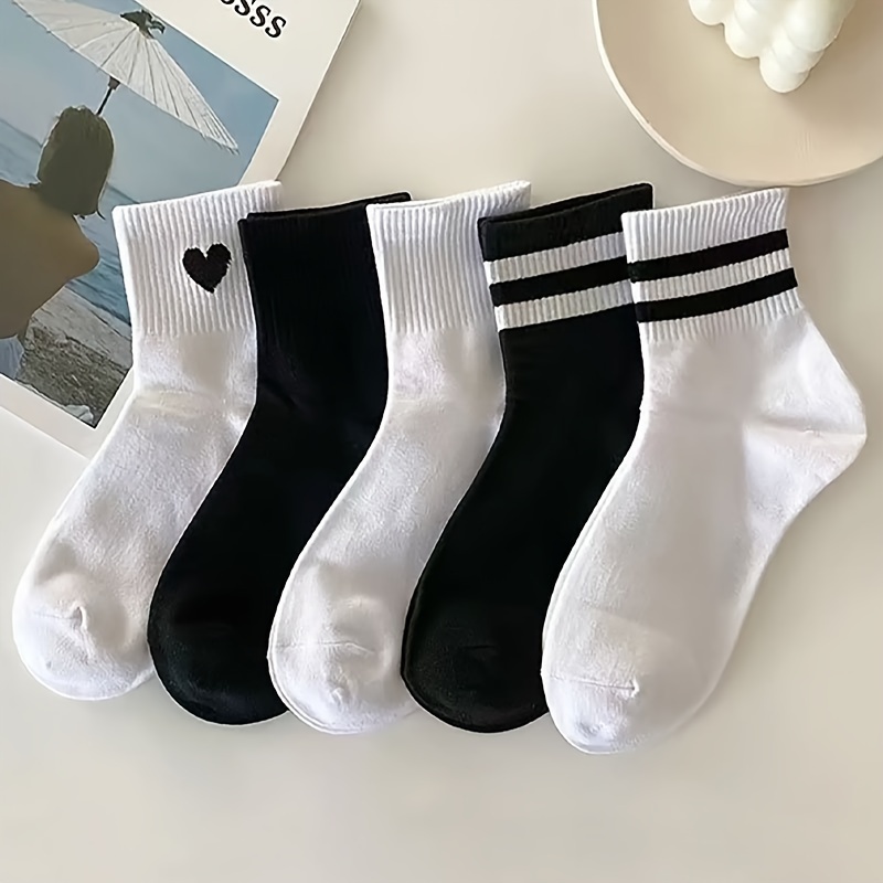 

5 Pairs Heart & Striped Print Socks, Simple College Style Mid Tube Socks, Women's Stockings & Hosiery