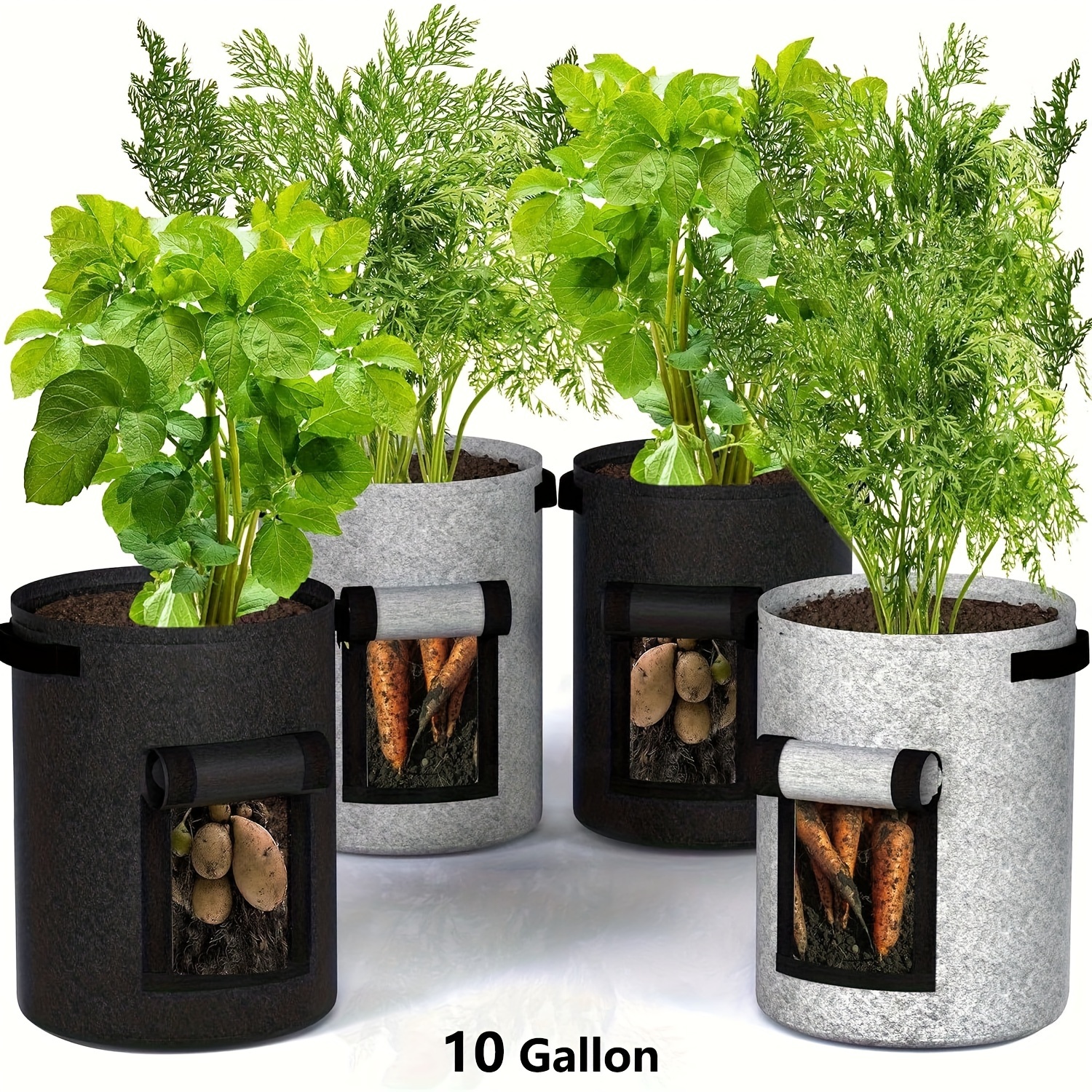 Image of 4 Pack 10 Gallon (. 35.7 ) Potato Grow Bags, Collapsible, Breathable, Non-woven Fabric Vegetable Planter Pots – Gardening Pots With Reinforced Handles And Harvest Flap (2 Gray, 2 Black)